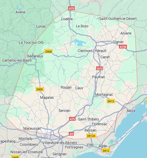 Carte de la zone d'intervention de StellaPrima (Nettoyage vitres Cœur d'Hérault, Lodévois et Larzac)